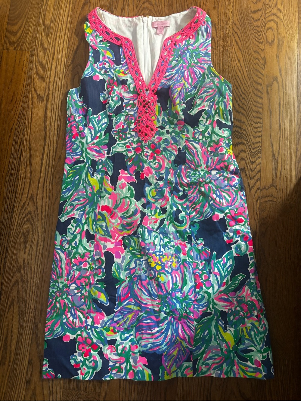 Rare vintage Lilly Pulitzer Navy Floral Shift Dress with Hot Pink Trim